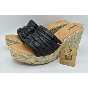 Born Women Size 9 Aneesa Black Full Grain Leather Espadrille Wedge Slide Sandals
